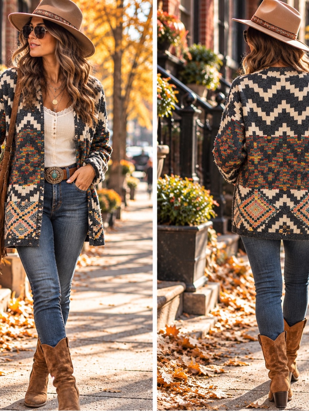 Freeway Geometric Aztec Open-Front Cardigan - Cream, Brown & Rust